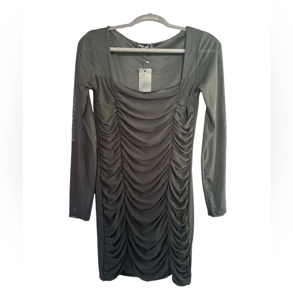 Nasty Gal Black Mesh Behavior Ruched Bodycon Mini Dress Size: 10 - Picture 4 of 7